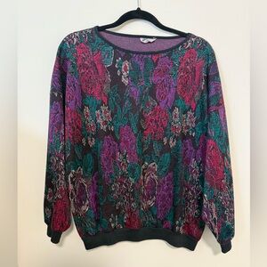 Vintage Floral Knit Sweater Pullover – Bold Multicolor – Size M